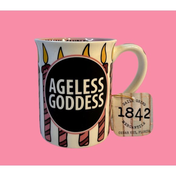 NWT Lorrie Veasey Our Name Is Mud AGELESS GODDESS Pink & White Coffee Mug 16 oz - Picture 1 of 8
